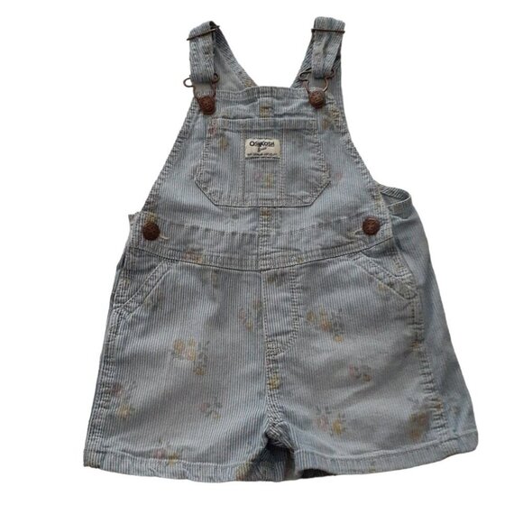 OshKosh B'Gosh Vestback Girls 2T Engineer Stripe Floral Short Overalls USA VTG